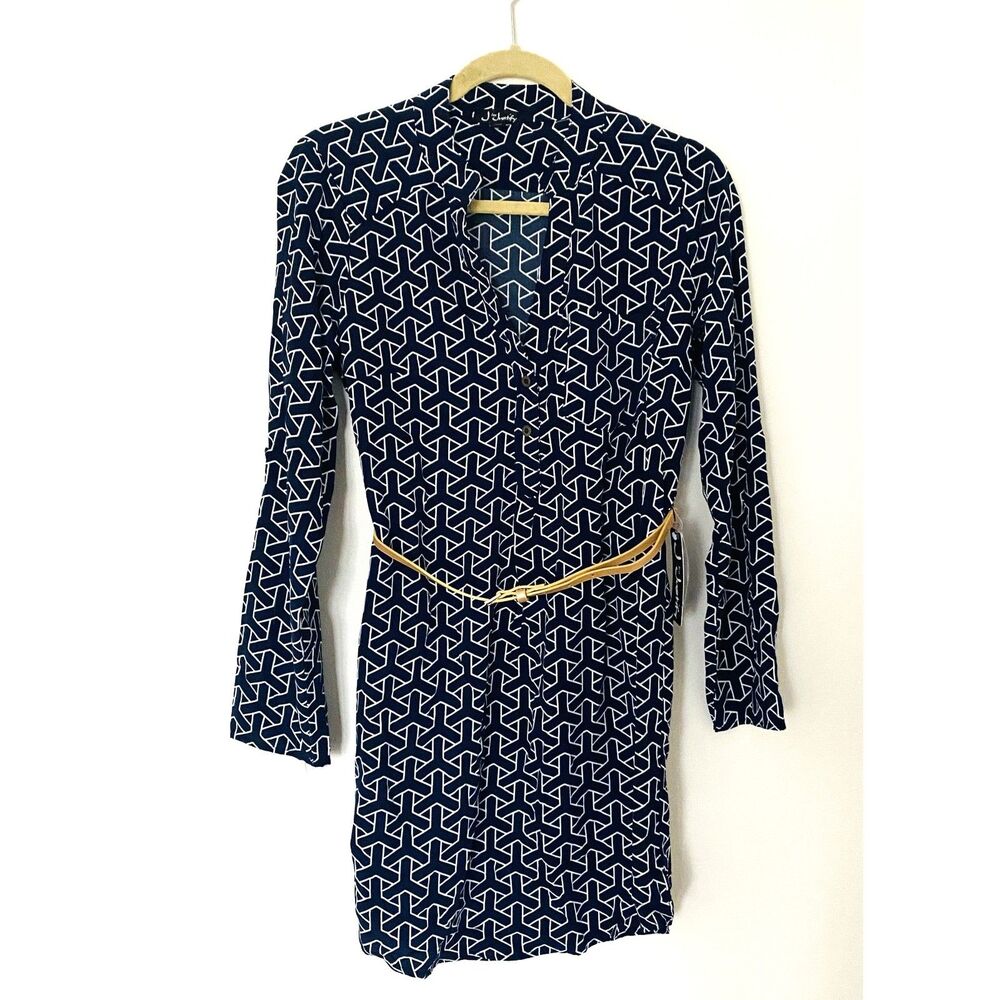 NWT J for Justify Gold Belted Geometric Blue and White Long Sleeve Dress Sz M
